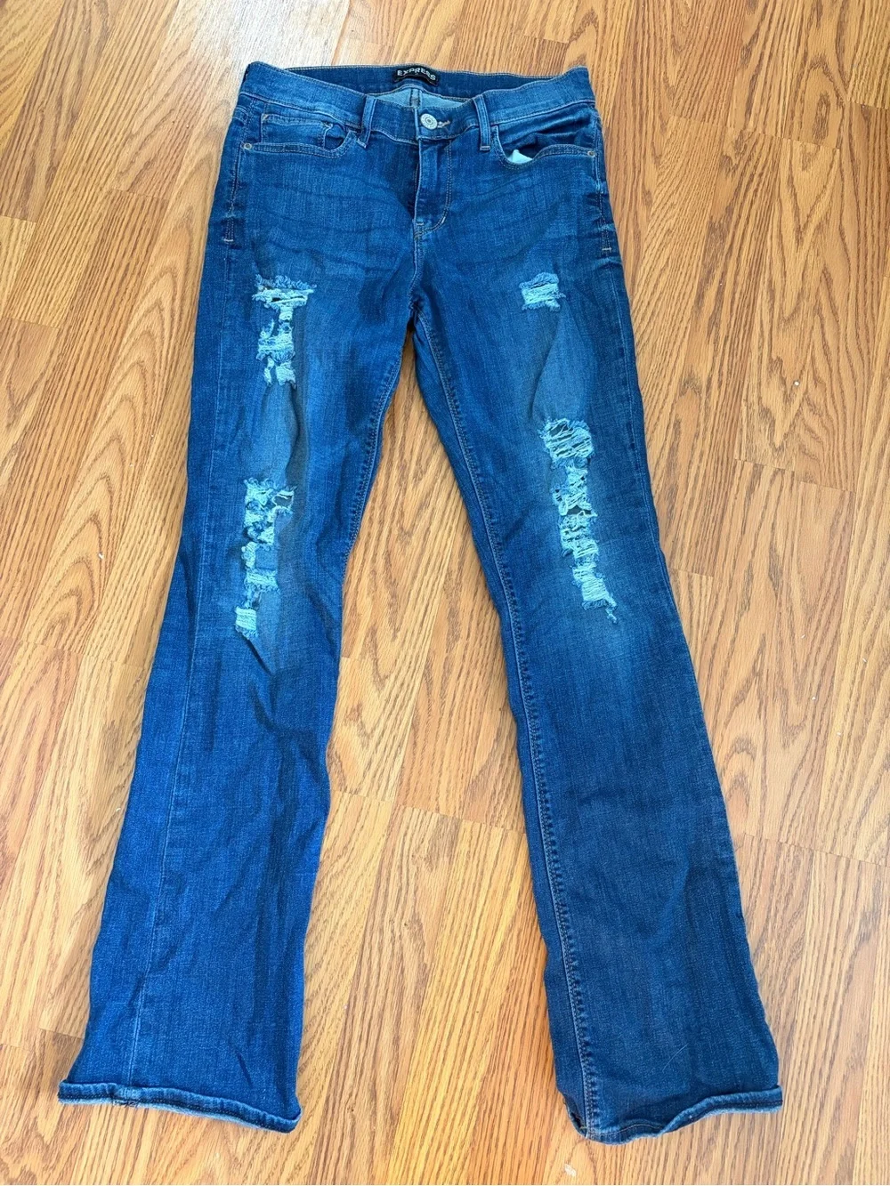Express Barely Boot Mid Rise Distressed Jeans Size 8R Dark Wash Stretch